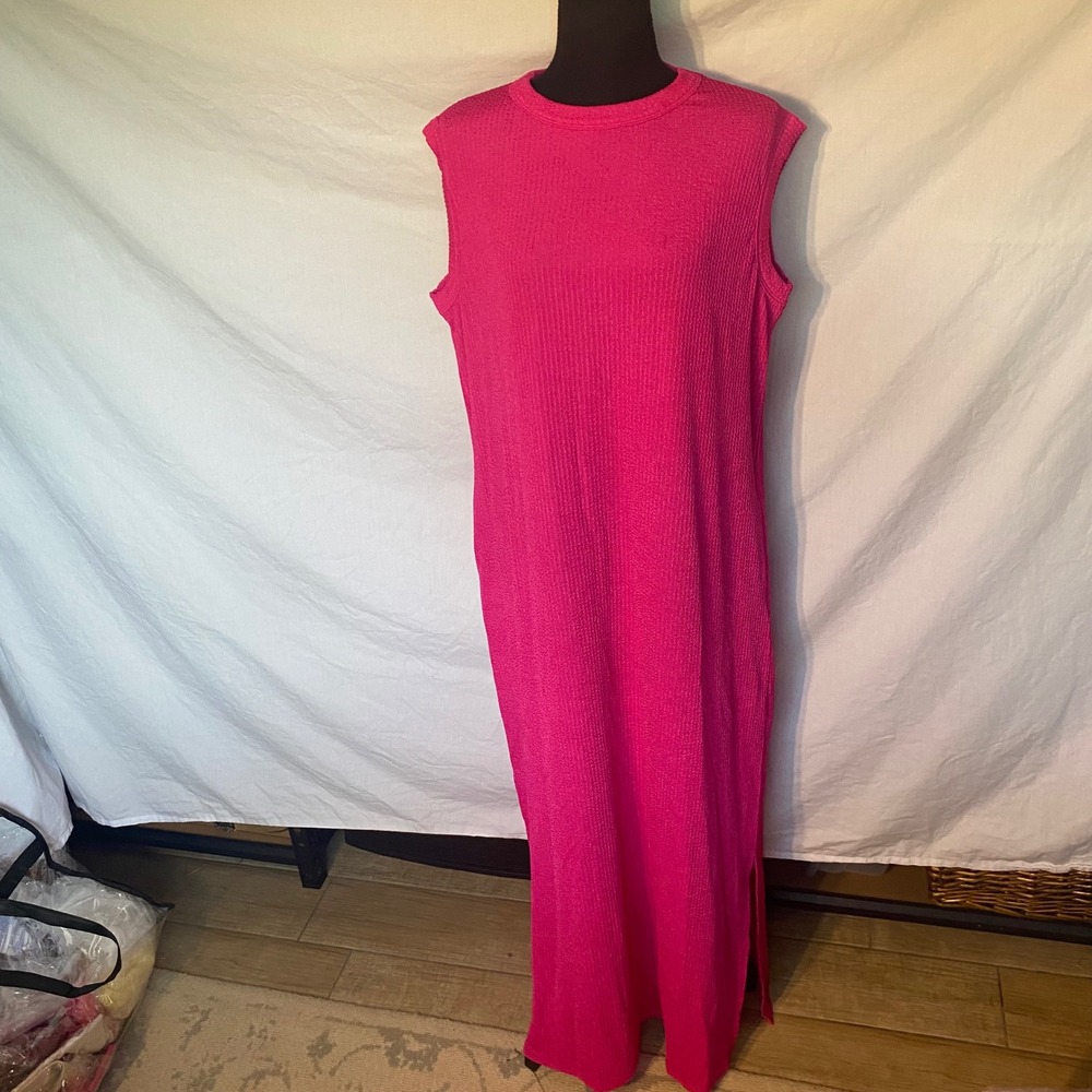 Double Take Hot Pink Textured Sleeveless Maxi Dress Side Slits Pockets XL